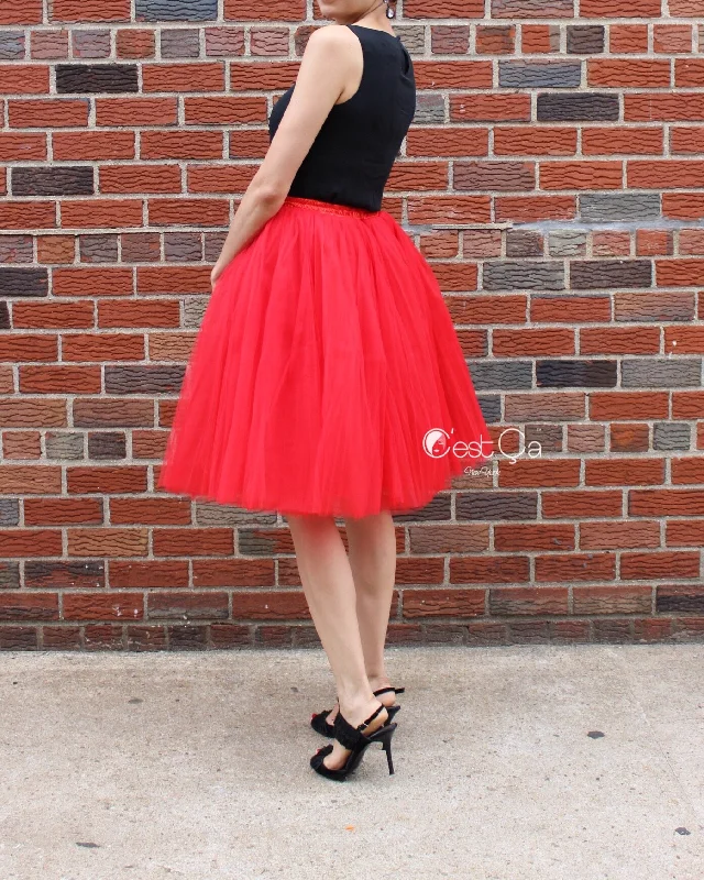 Clarisa Red Tulle Skirt - Midi corduroy skirt cozy