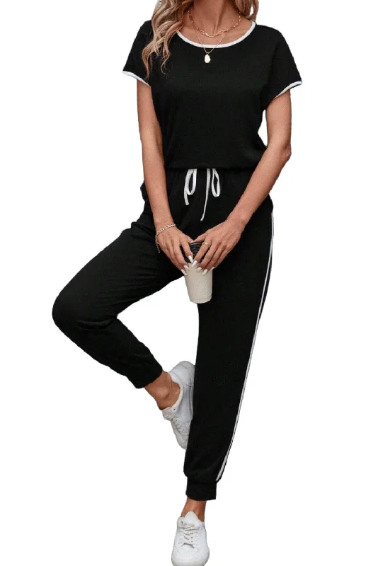 Contrast Trim Round Neck Top and Pants Set Wide-Legged Palazzos