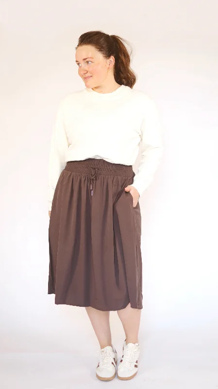 Drawstring Tech High Rise Skirt-Seal Brown chiffon skirt floaty