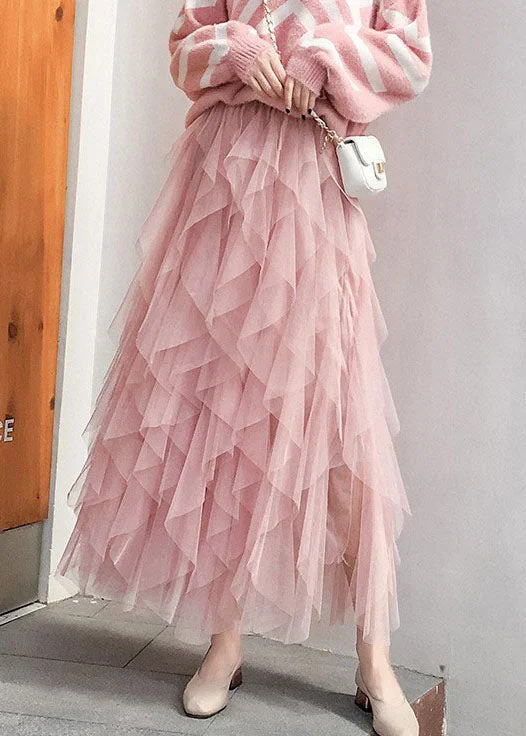 fashion Pink tulle pleated skirt Spring slim fit skirt