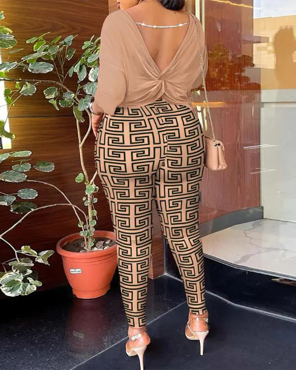 Geometric Print Twisted Backless Top & Pants Set Casual Sweatpants Style