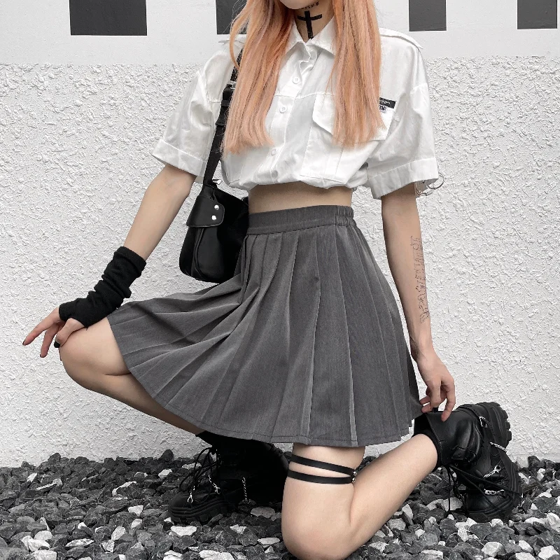 Harajuku Grey Pleated Skirt  PL52435 leather skirt bold