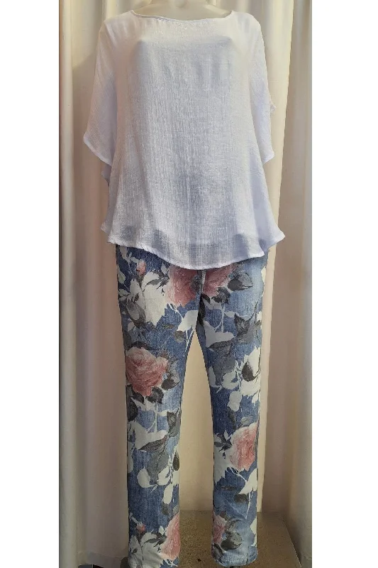 Italian Stretch Pants - Lt. Denim with Pink and White Flowers Comfortable Cargo Pants