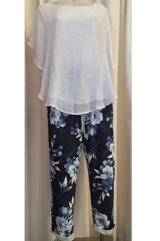 Italian Stretch Pants – Navy, Blue and White Flowers Soft Wool Pants