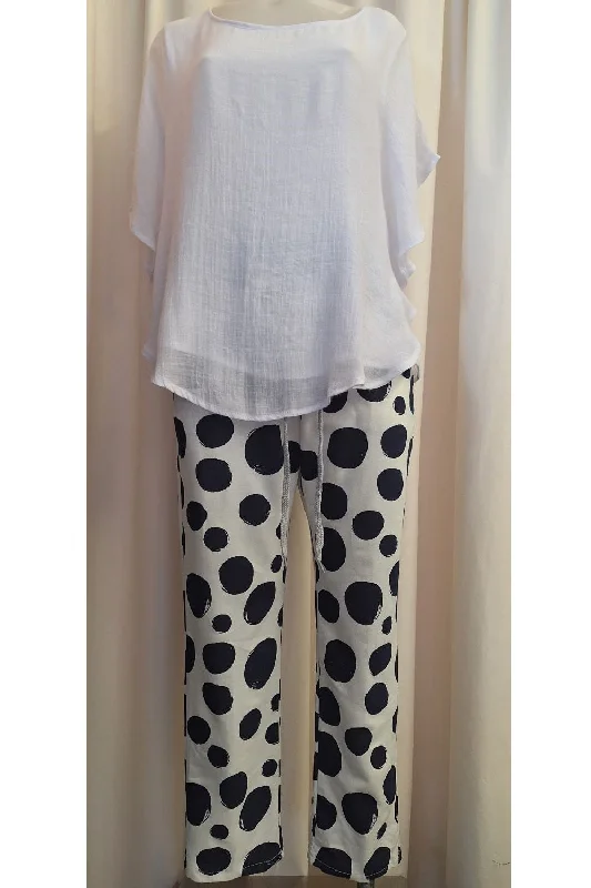 Italian Stretch Pants - Off White with Navy Polka Spots Casual Lounge Pants