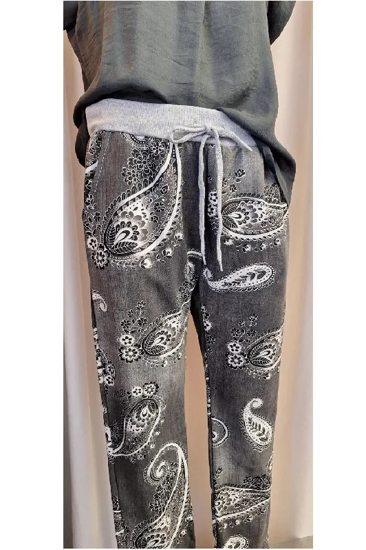 Italian Stretch Pants - Paisley, Charcoal Casual Sweatpants Style