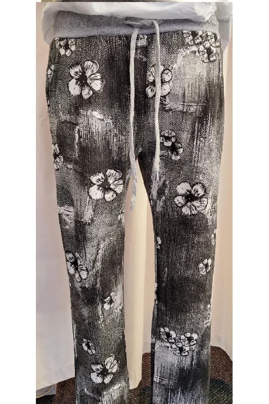 Italian Stretch Pants - Pansy, Charcoal Trendy Printed Leggings