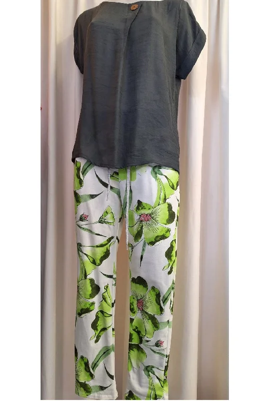 Italian Stretch Pants - White with Green Flowers Fashionable Sporty Pants