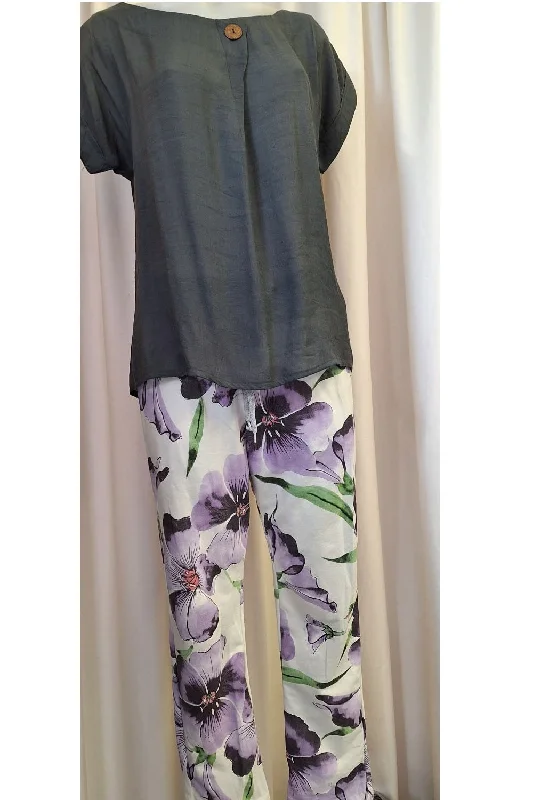 Italian Stretch Pants - White with Purple Flowers Fashionable Button-Up Pants