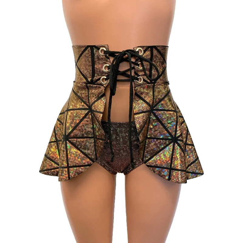 Lace-Up Corset Skirt - Glass Pane Holographic Gold or Silver leather skirt durable