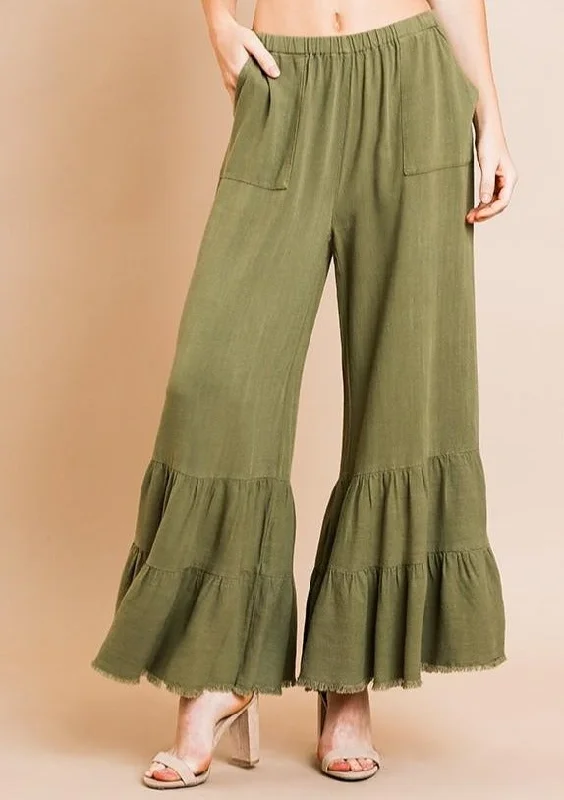 Linen Wide Leg Ruffled Pant Casual Lounge Pants