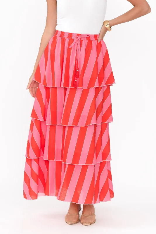 Magritte Pink Stripe Cotton Tiered Skirt corduroy skirt durable