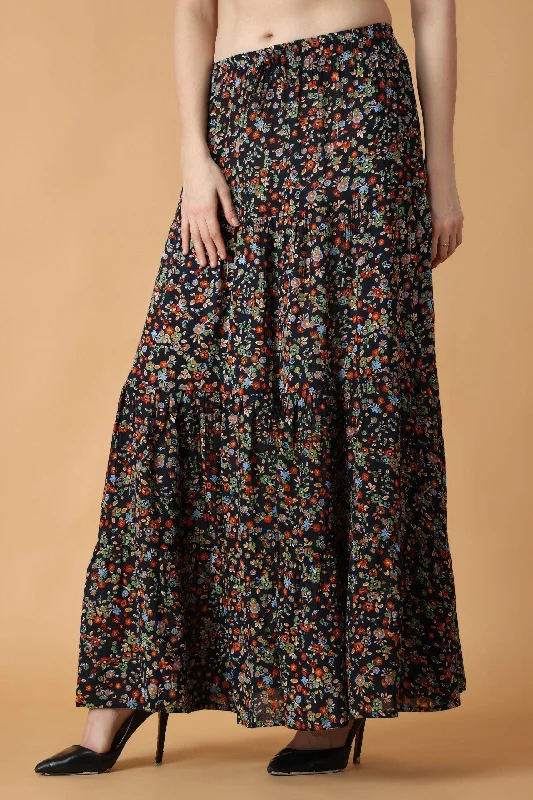 Navy Blue Floral Printed Skirt velvet skirt sumptuous