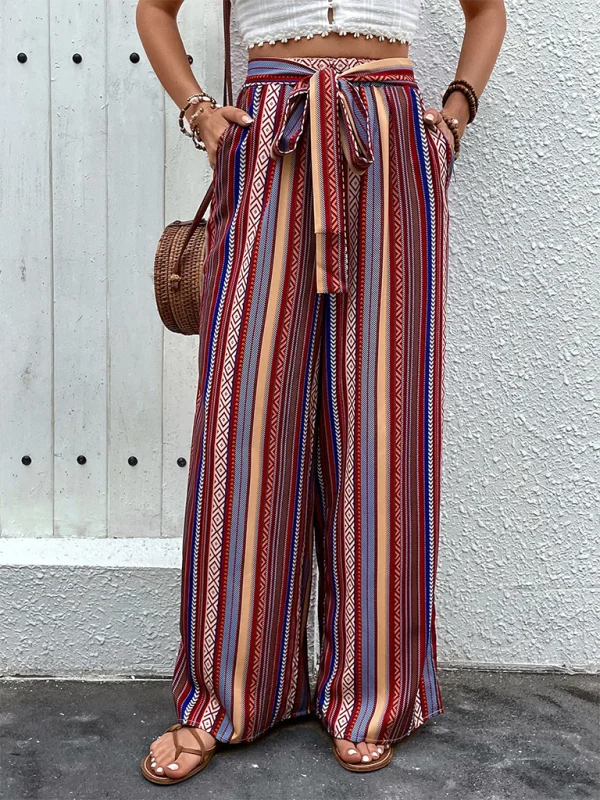 New loose striped high waist elastic wide leg pants Trendy Printed Leggings