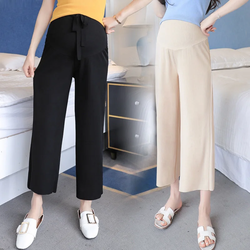 NiDELL Maternity Pants . Spring and Summer Ice Silk Wide-Leg Pants Cropped Pants Summer Outer Wear Straight Thin Strap Loose Belly Lift Pants High-Waist Trousers