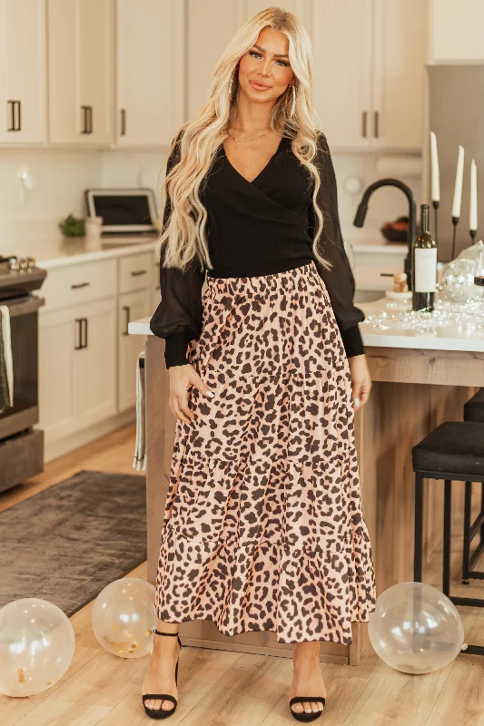 Nude Leopard Print Tiered Ruffle Maxi Skirt cashmere skirt fine