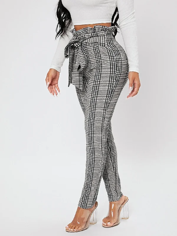 PETITE Plaid Print Paperbag Waist Knot Front Pants Casual Track Pants