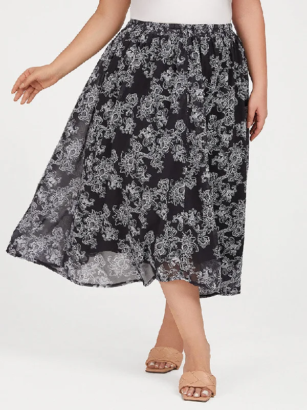 Plus Black Floral Elastic Waist Skirt wool skirt sturdy