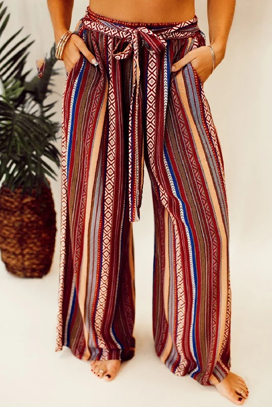 Red Boho Ethnic Striped Print Tie Waist Wide Leg Pants Fashionable Work Pants