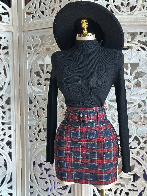 Red plaid Mini Skirt with Thick Belt cashmere skirt soft