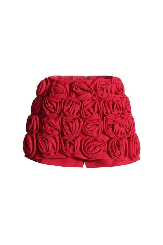 Romantic Tomato Red 3D Rosette High Waist Bodycon Micro Skorts athletic skirt fit