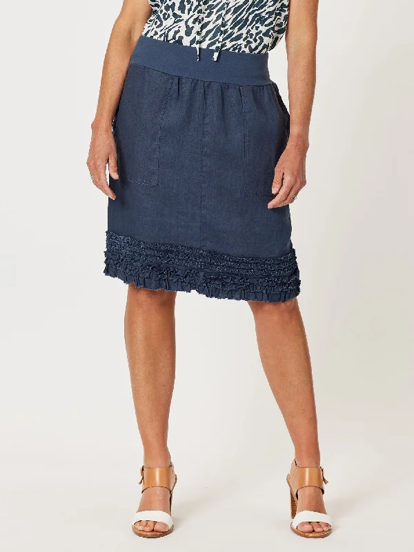 Mimi Linen Ruffle Hem Skirt - Navy lace skirt intricate