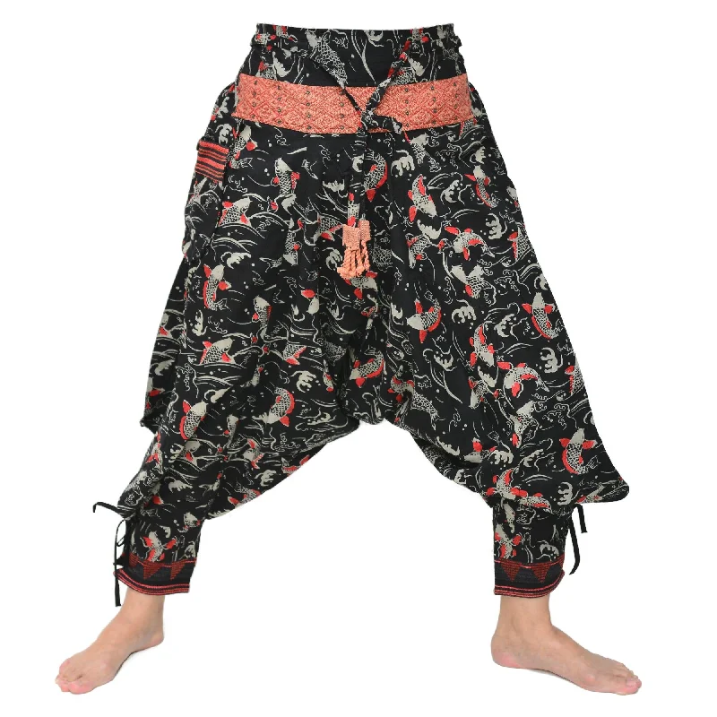 Samurai Style Harem Pants Ninja Pants Men Women Black Grey Fish Pattern Comfortable Jogger Trousers