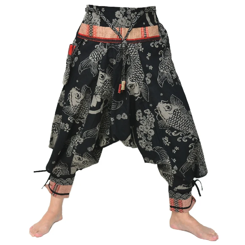 Samurai Style Harem Pants Ninja Pants Men Women Black Grey Fish Pattern Comfy Cargo Trousers