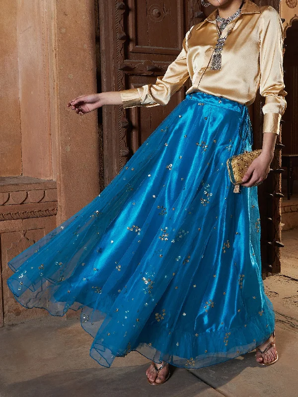 Lyush Women Teal Tulle Sequin Bias Flare Anarkali Skirt chiffon skirt delicate