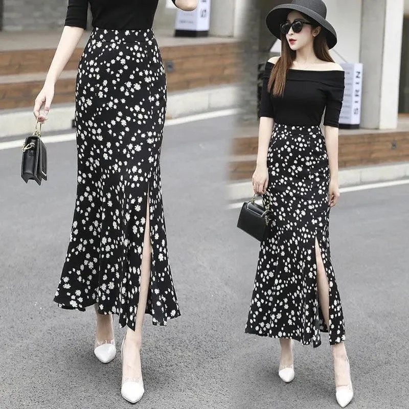 Small Daisy Slit Fishtail Skirt Floral Half-length Skirt Female Summer High Waist A-line Bag Hip Long Skirt Chiffon Bag Hip Slit Skirt / Bag Hip Skirt silk skirt lustrous