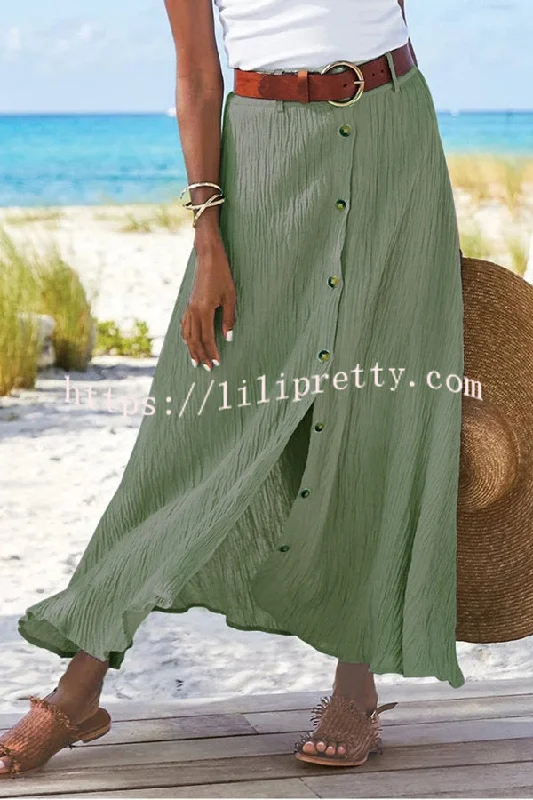 Lilipretty Soft Breeze Linen Blend Front Button Down Midi Skirt spandex blend skirt