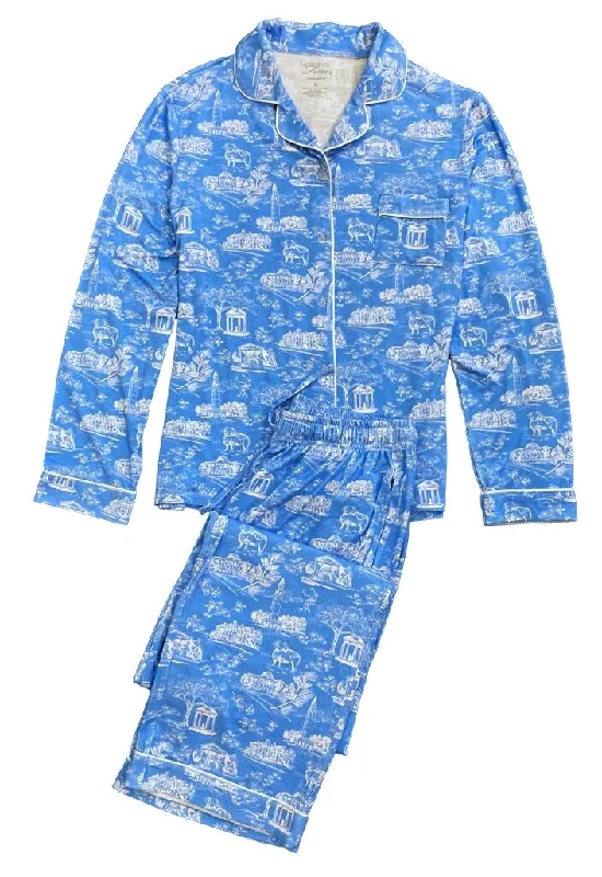 Tar Heel Toile Pajamas in Carolina Blue Long Sleeves Long Pants by Nothing Finer Stylish Elastic Waist Pants