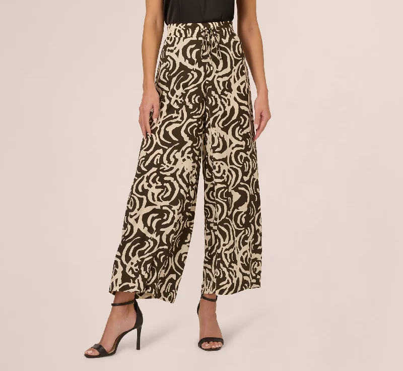 Tropical Floral Print Wide Leg Pants With Drawstring Waist In Chocolate Walnut Large Swirl Sleek Black Pants