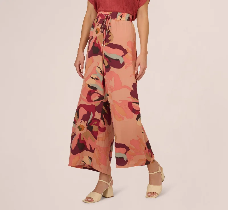 Tropical Floral Print Wide Leg Pants With Drawstring Waist In Deepburgundylargesunsetfloral Comfortable Denim Leggings