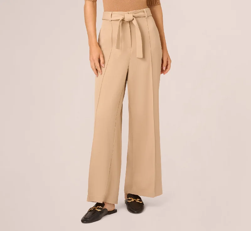 Twill Zip Fly Belted Wide Leg Pant In Sandstone Stylish Paperbag Waist Pants