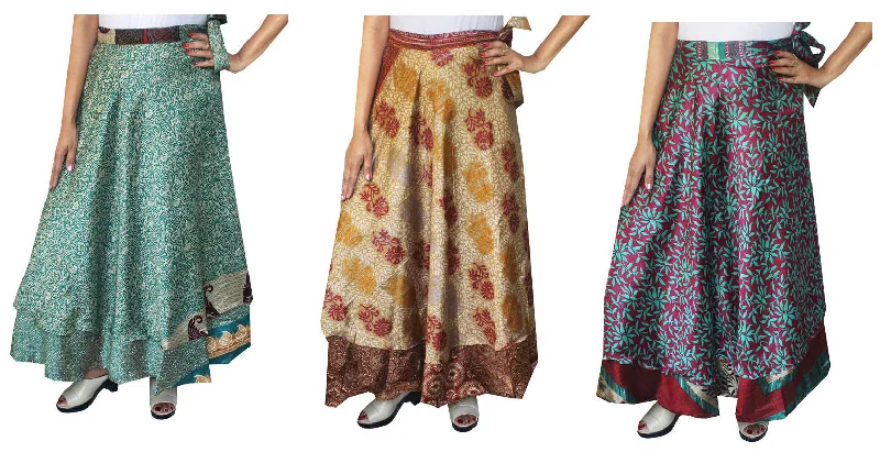 Two Layers Women's Indian Sari Magic Wrap Around Wholesale 3 Pcs Lot Long Skirt flowy skirt hem