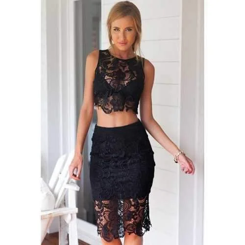 Sexy Style Jewel Neck Openwork Lace Sleeveless Tank Top + Solid Color Skirt For Women - Black Xl zip skirt side