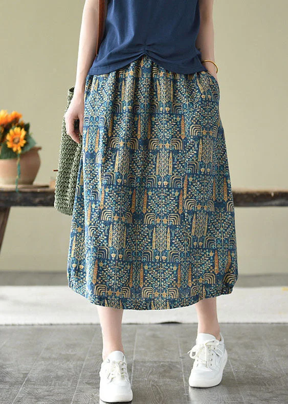 Vintage Blue Elastic Waist Pockets Print Linen Skirts Summer zip skirt side