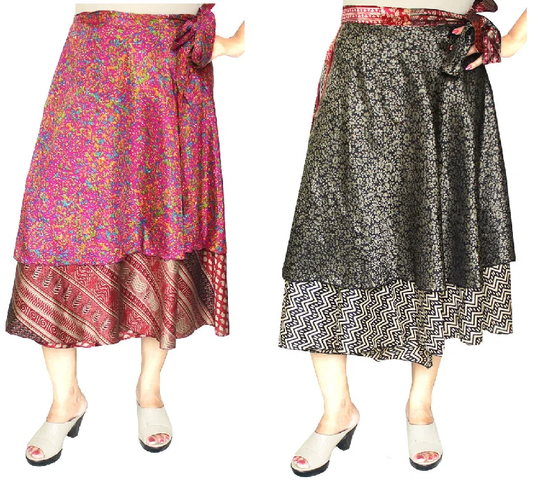 Wholesale 2 Pcs Lot Two Layers Women's Indian Sari Magic Wrap Around Skirt leather skirt bold