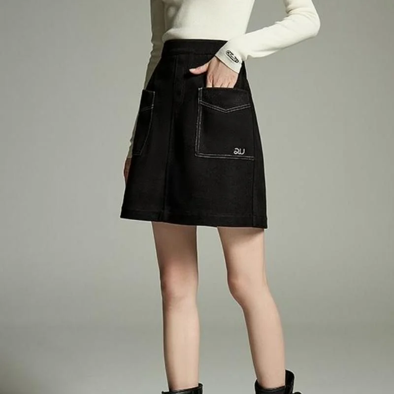 Winter Knee-Length A-Line Skirt with Embroidery & Pockets asymmetrical skirt cut