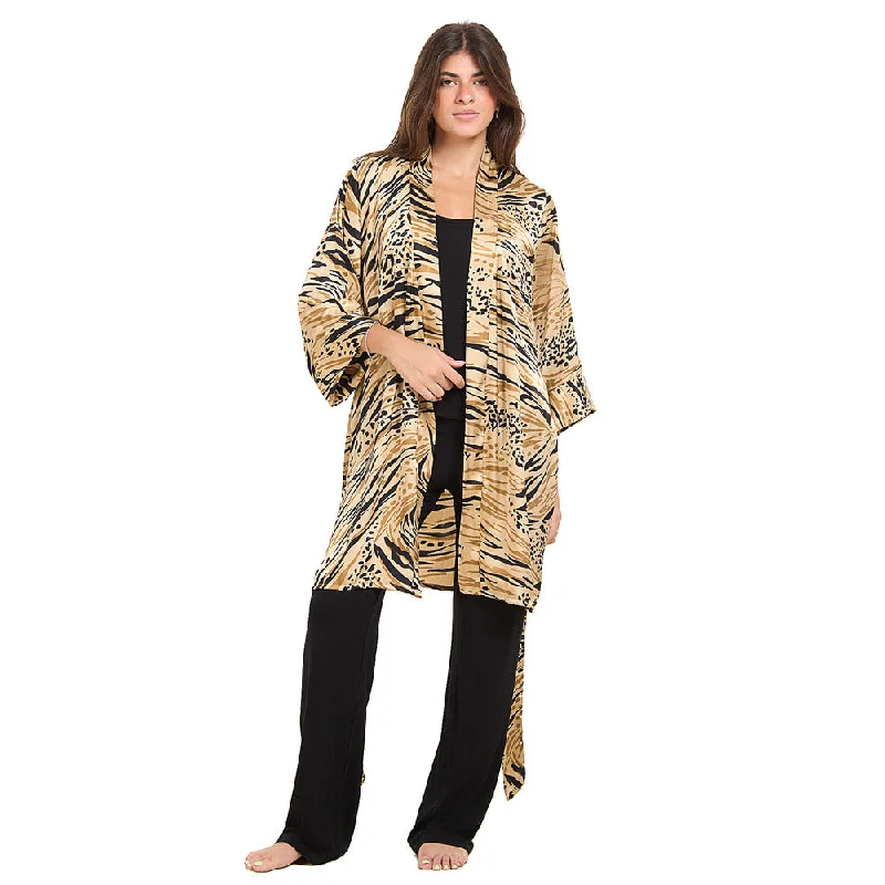 Women summer 3 piece pajama set Beige Cheetah pattern kimono + Black top & Pants Stylish Casual Pants