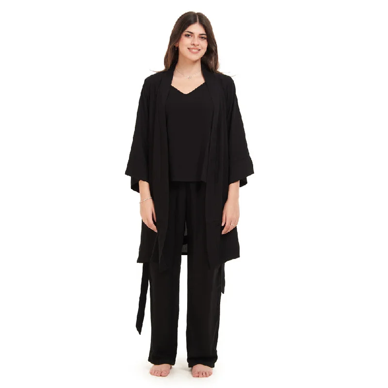 Women summer 3 piece pajama set  Black Top + Black kimono & Pants Stylish Casual Pants