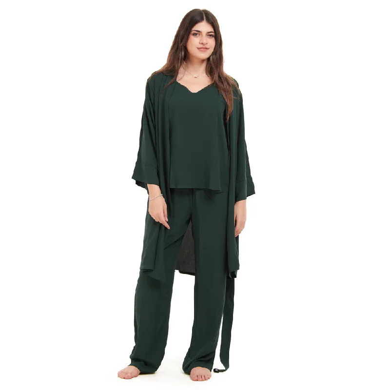 Women summer 3 piece pajama set  Dark Green Top + Dark Green kimono & Pants Casual Lounge Pants