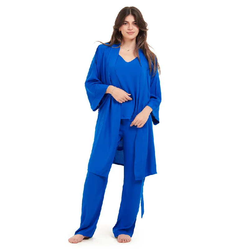 Women summer 3 piece pajama set  Royal Blue Top + Royal Blue kimono & Pants Trendy Printed Leggings