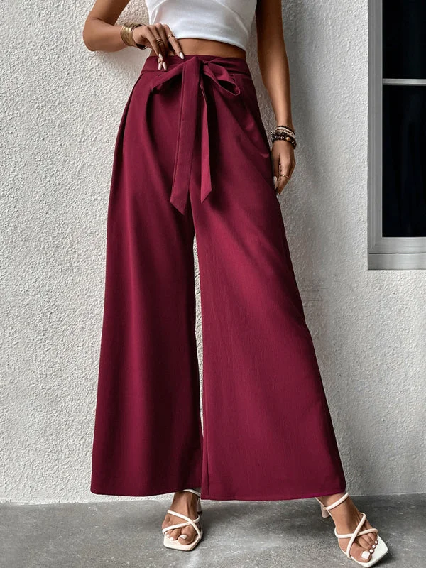 Women's Solid Color Drawstring Wide-leg Pants Elegant Wool Trousers